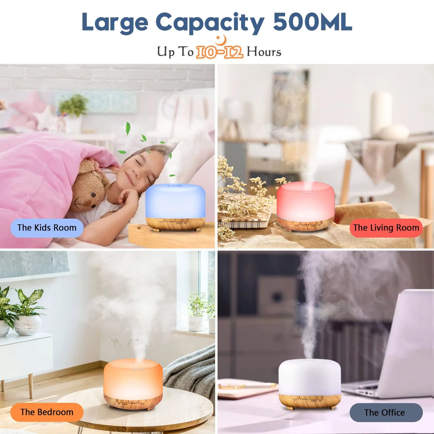 500ML Aroma Diffuser (Oils Optional), 5V 2A Essential Oil Aromatherapy Diffuser Humidifier with Remote Control