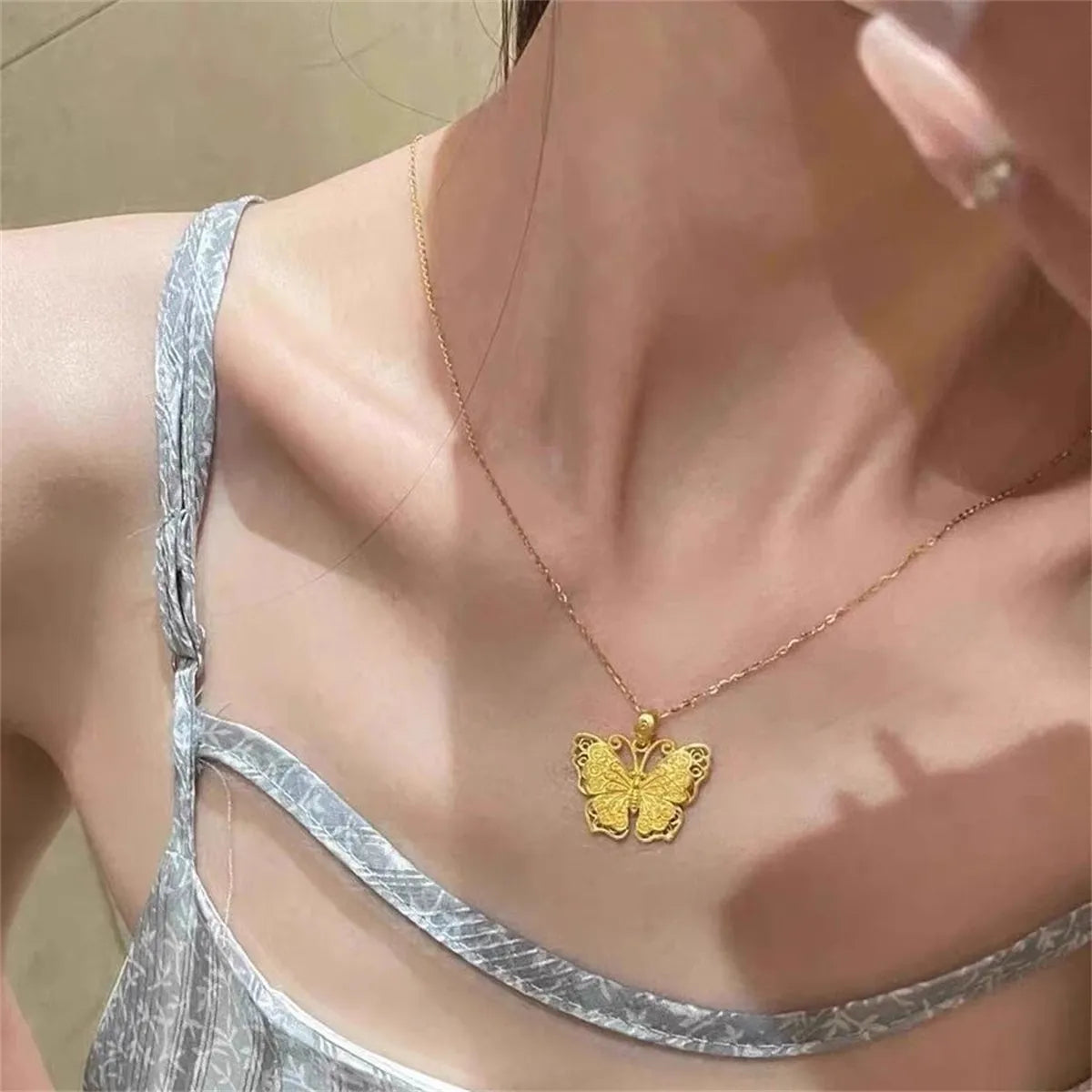 Shiny Pure 14 K Gold Color Butterfly Pendant Necklace