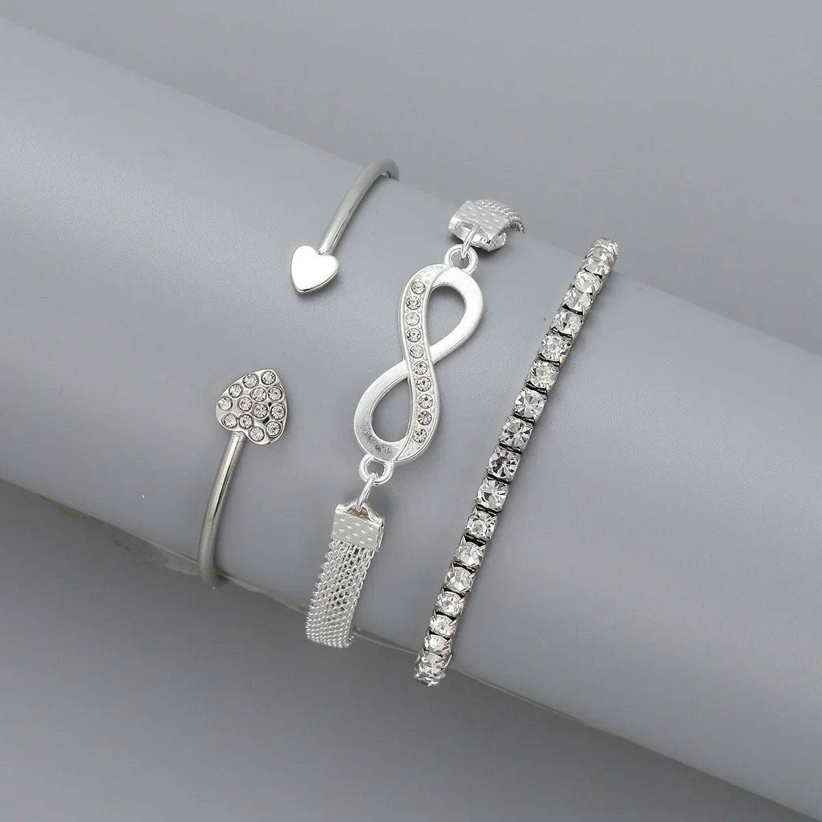 3Pcs Women Heart Bracelet Set. Fashion Crystal Tennis Chain Bangle