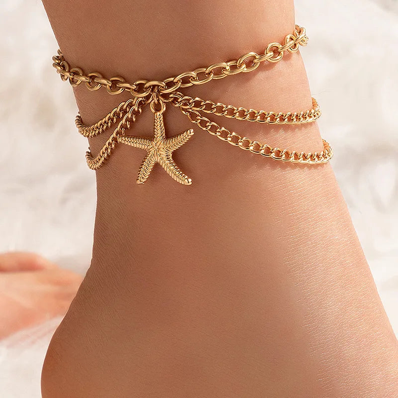 Sexy Multi-layer Anklet with a Starfish Heart Shell or snake