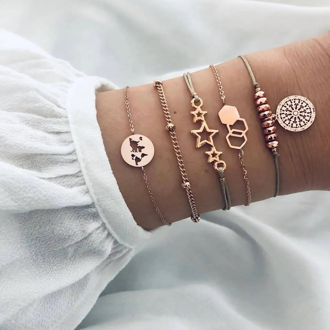 Geometric Link Chain Bracelet Set For Women Rhinestones Gold Color Leaves Heart Pendant Open Cuff Bangle Jewelry