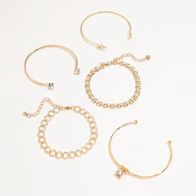 Geometric Link Chain Bracelet Set For Women Rhinestones Gold Color Leaves Heart Pendant Open Cuff Bangle Jewelry