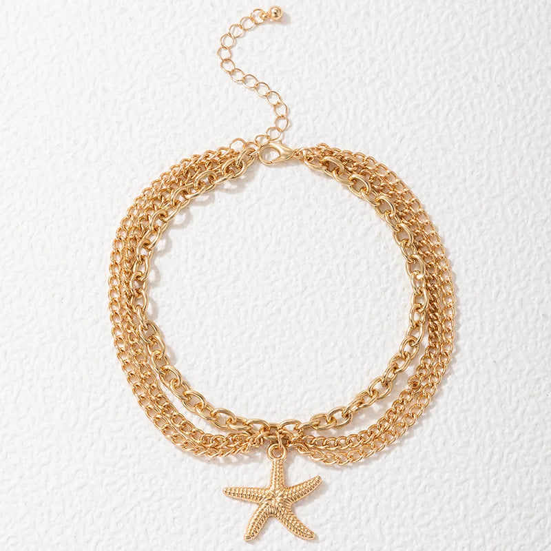 Sexy Multi-layer Anklet with a Starfish Heart Shell or snake