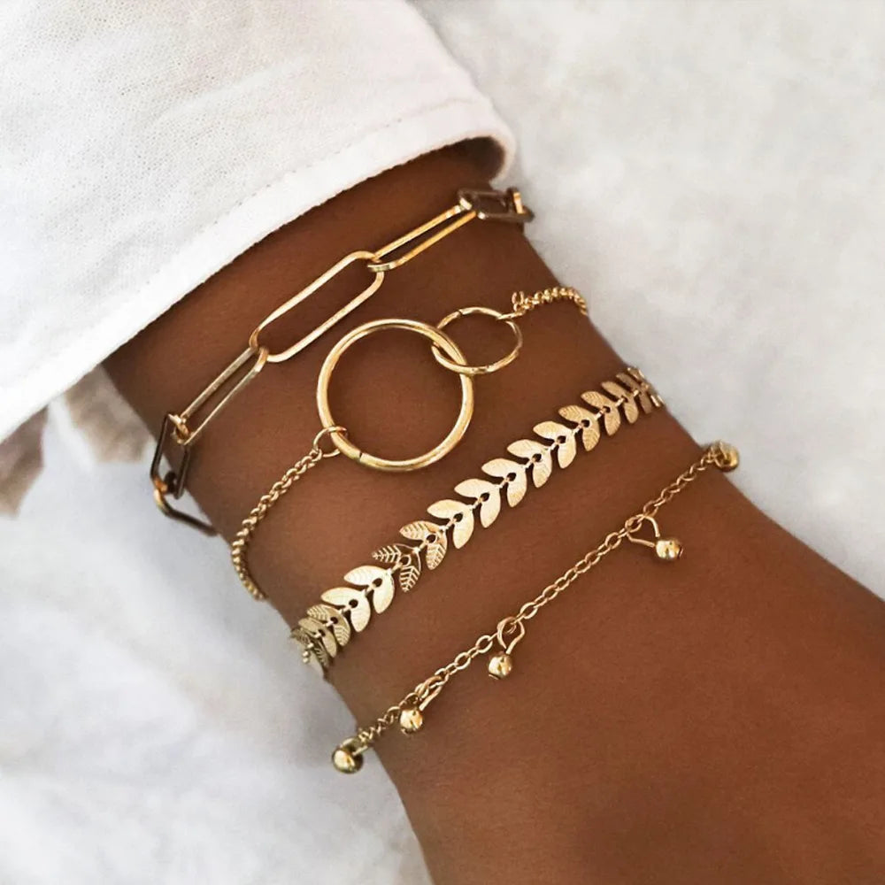 Geometric Link Chain Bracelet Set For Women Rhinestones Gold Color Leaves Heart Pendant Open Cuff Bangle Jewelry