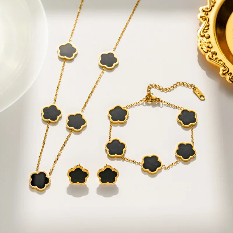 Lucky Clover 18K Gold Plated Clover Necklace Bracelet Earring Set