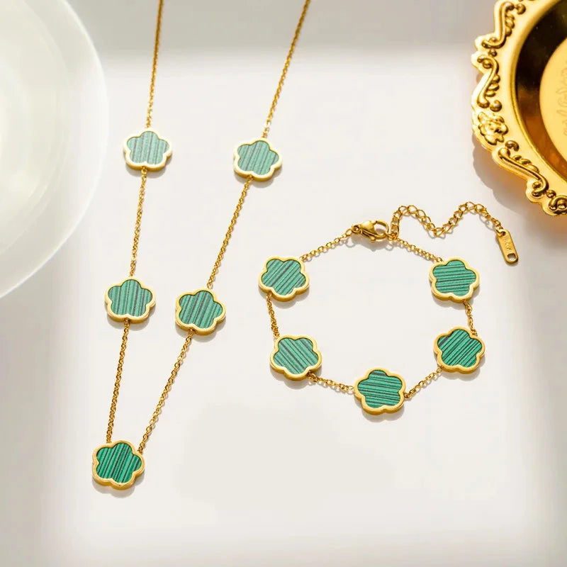 Lucky Clover 18K Gold Plated Clover Necklace Bracelet Earring Set