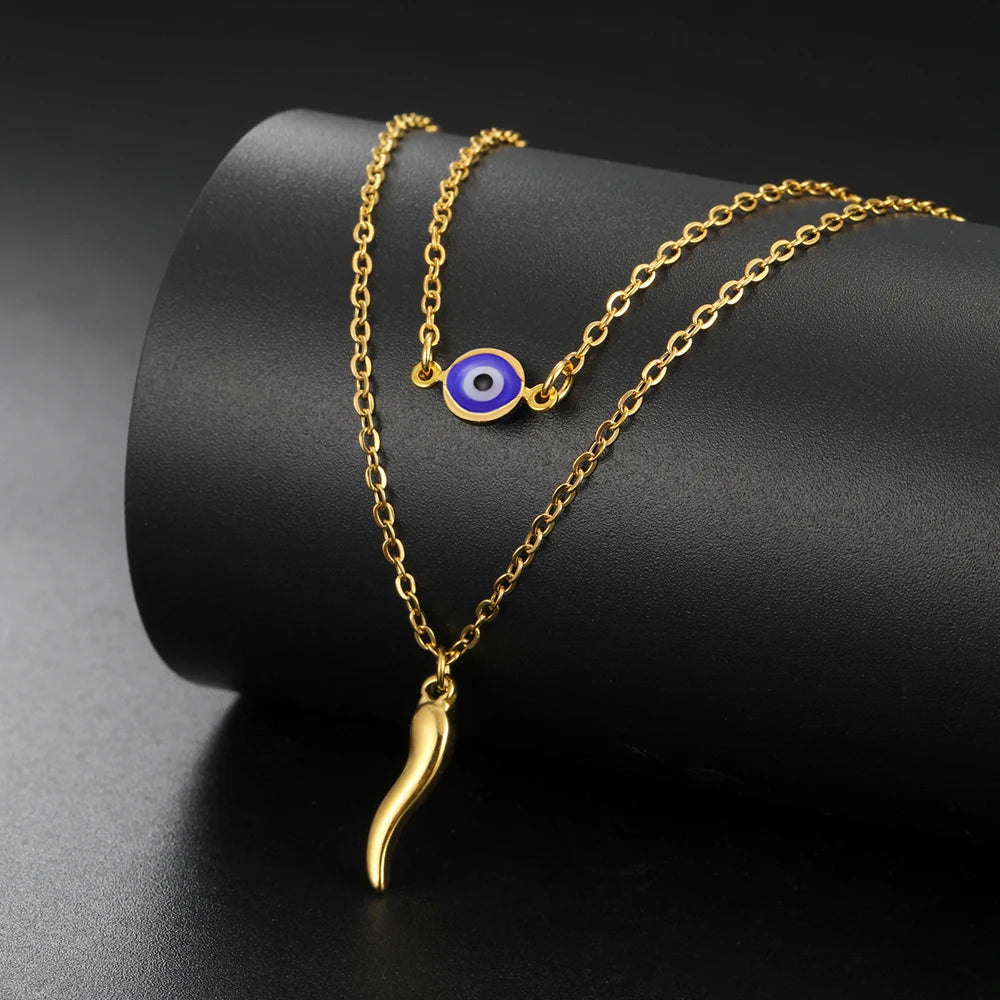 Italian Horn and Blue Evil Eye Charm Double Layer Necklace