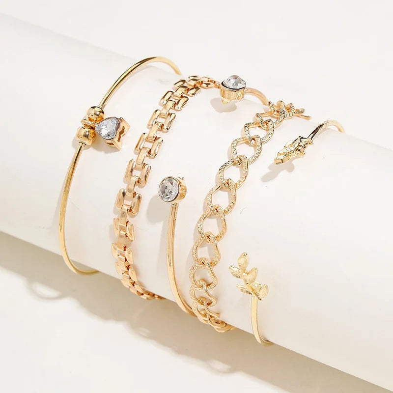 Geometric Link Chain Bracelet Set For Women Rhinestones Gold Color Leaves Heart Pendant Open Cuff Bangle Jewelry