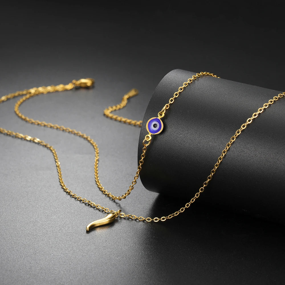 Italian Horn and Blue Evil Eye Charm Double Layer Necklace