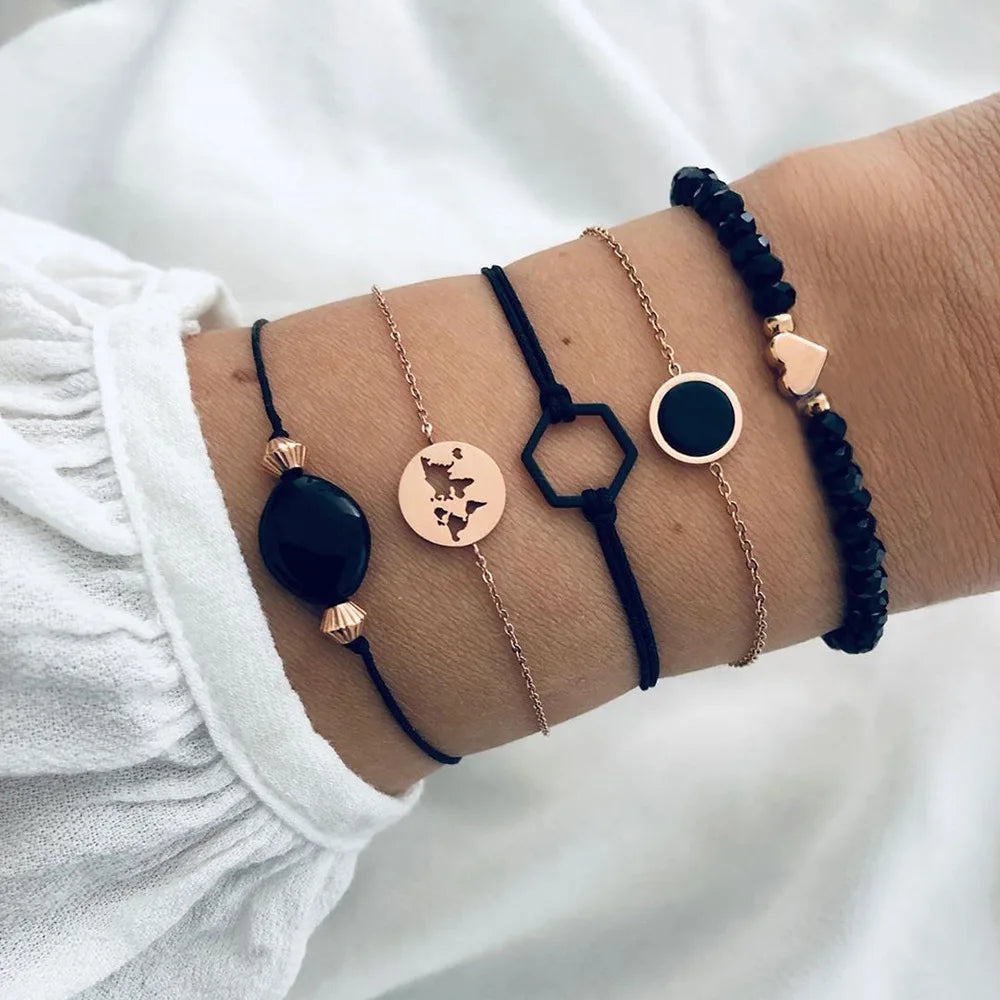 Geometric Link Chain Bracelet Set For Women Rhinestones Gold Color Leaves Heart Pendant Open Cuff Bangle Jewelry