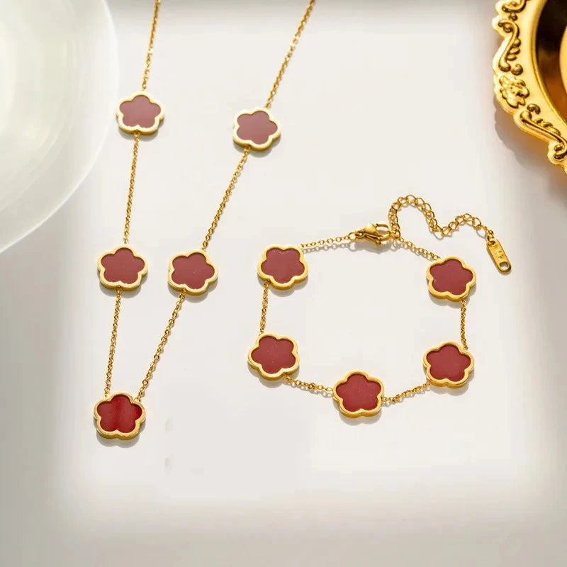 Lucky Clover 18K Gold Plated Clover Necklace Bracelet Earring Set