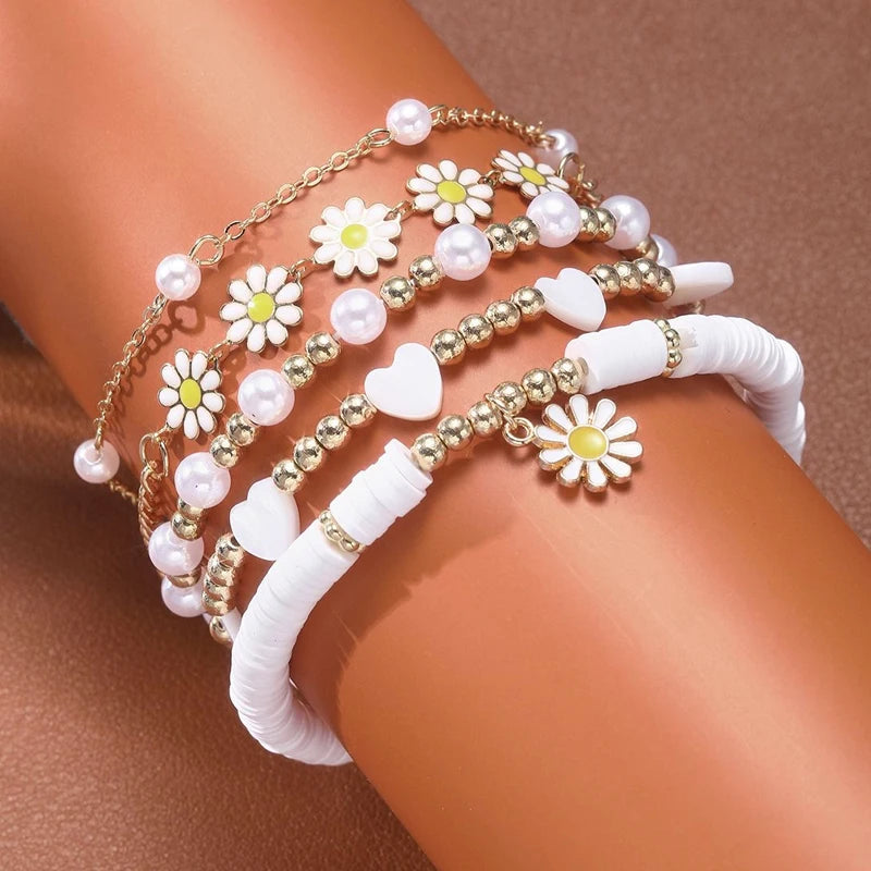 8pcs Daisy Flower Pendant Bracelet Set for Women Bohemian Beaded Enamel Star Heart Pearl Bangles
