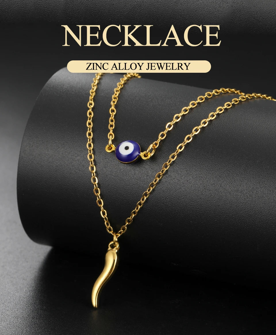 Italian Horn and Blue Evil Eye Charm Double Layer Necklace
