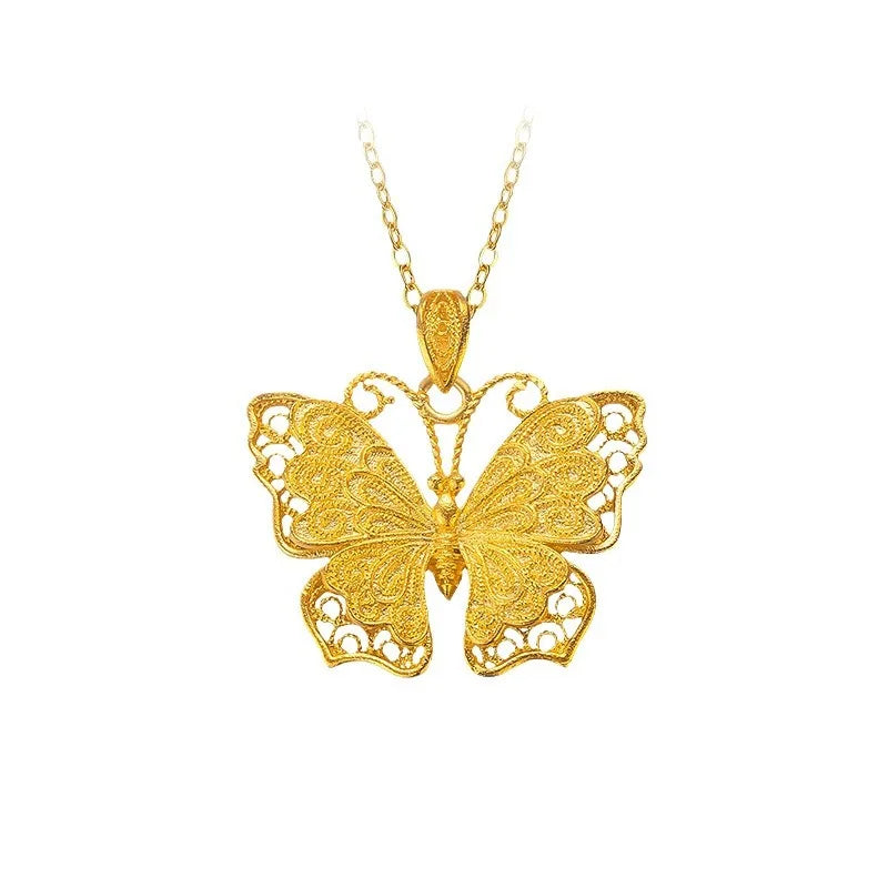 Shiny Pure 14 K Gold Color Butterfly Pendant Necklace