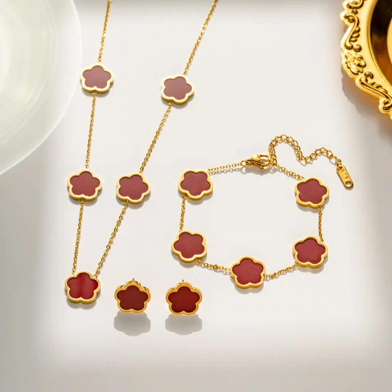 Lucky Clover 18K Gold Plated Clover Necklace Bracelet Earring Set