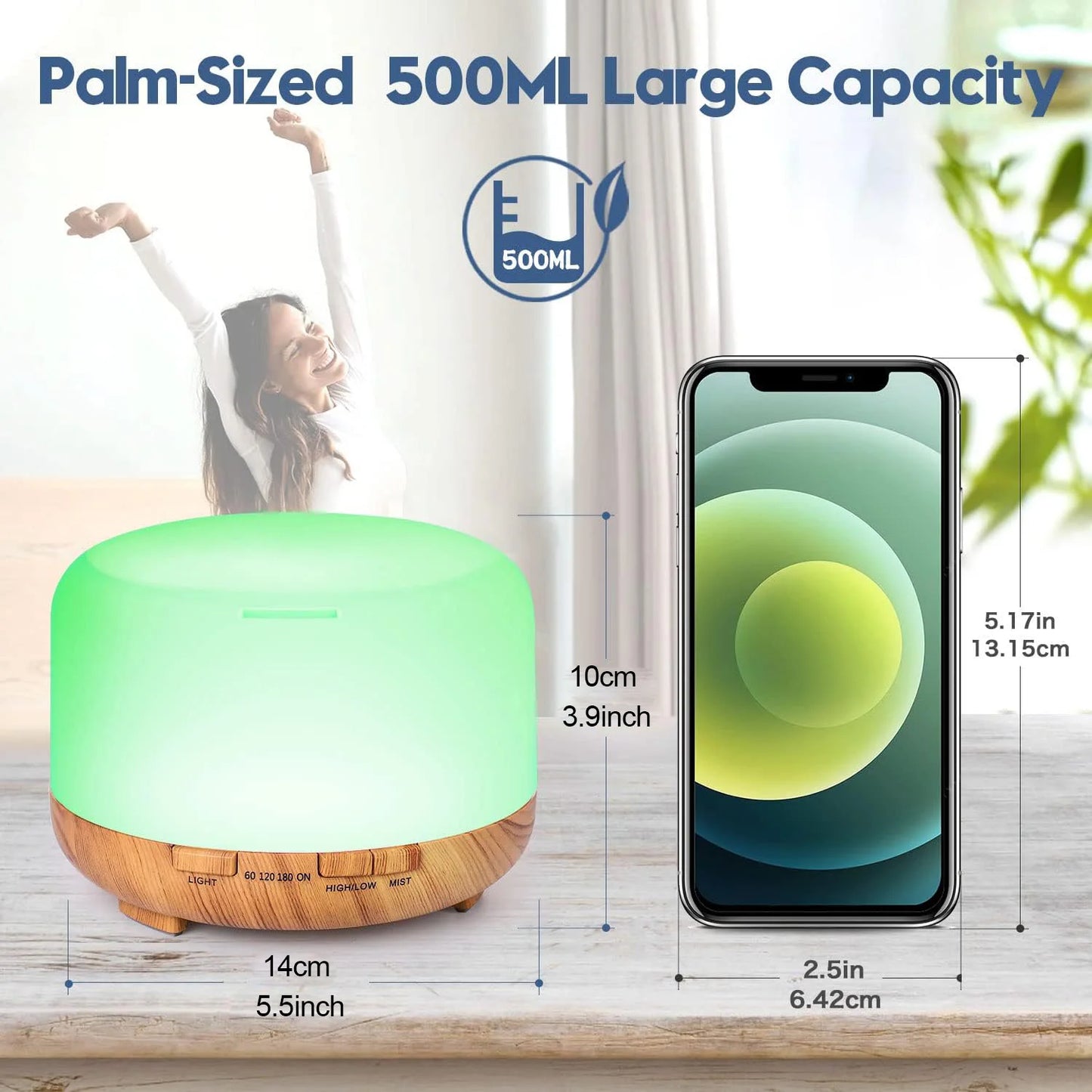 500ML Aroma Diffuser (Oils Optional), 5V 2A Essential Oil Aromatherapy Diffuser Humidifier with Remote Control