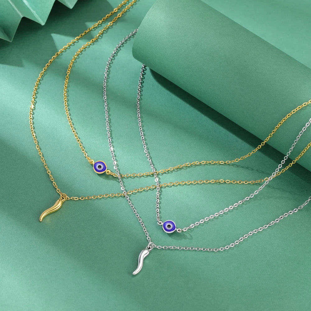 Italian Horn and Blue Evil Eye Charm Double Layer Necklace