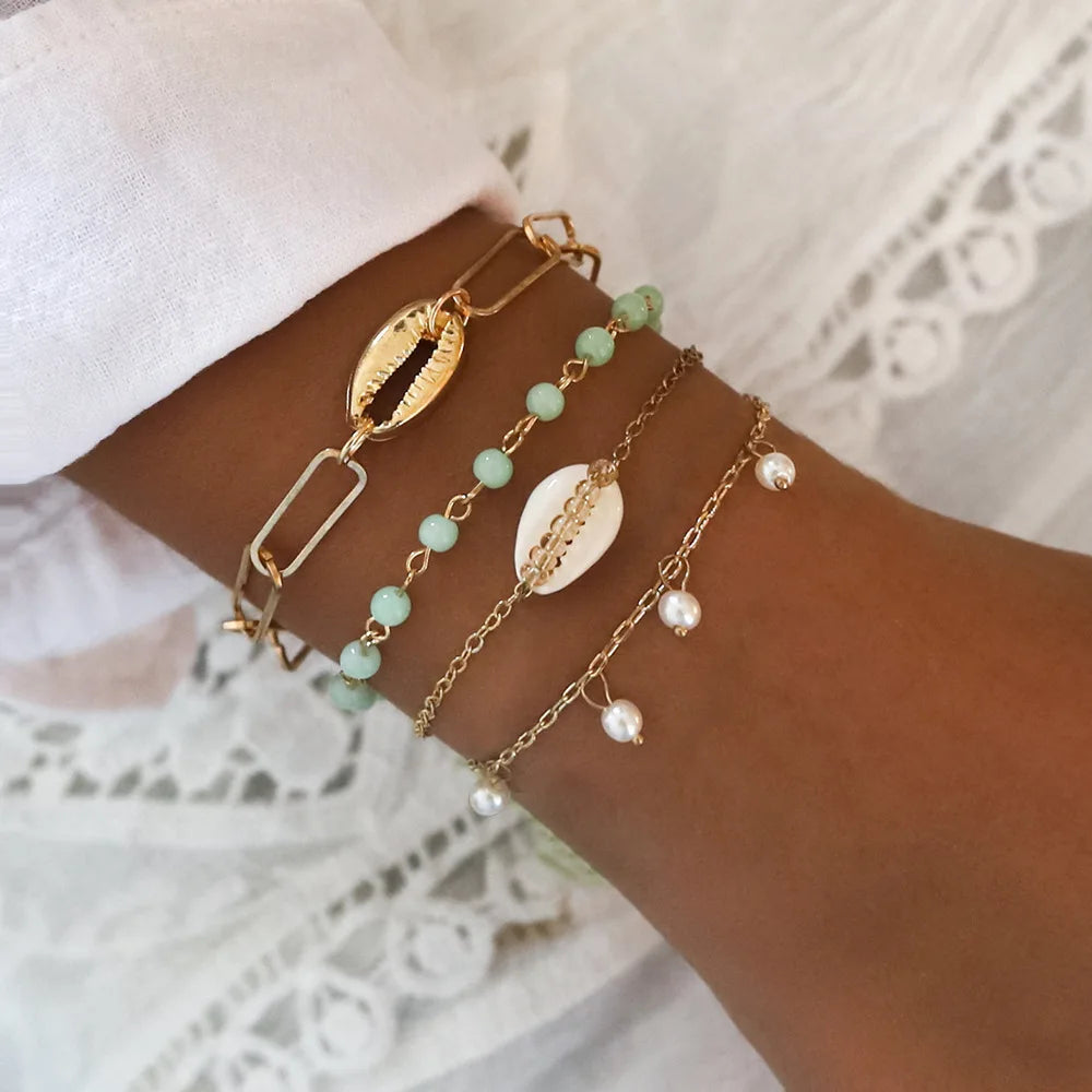 Geometric Link Chain Bracelet Set For Women Rhinestones Gold Color Leaves Heart Pendant Open Cuff Bangle Jewelry