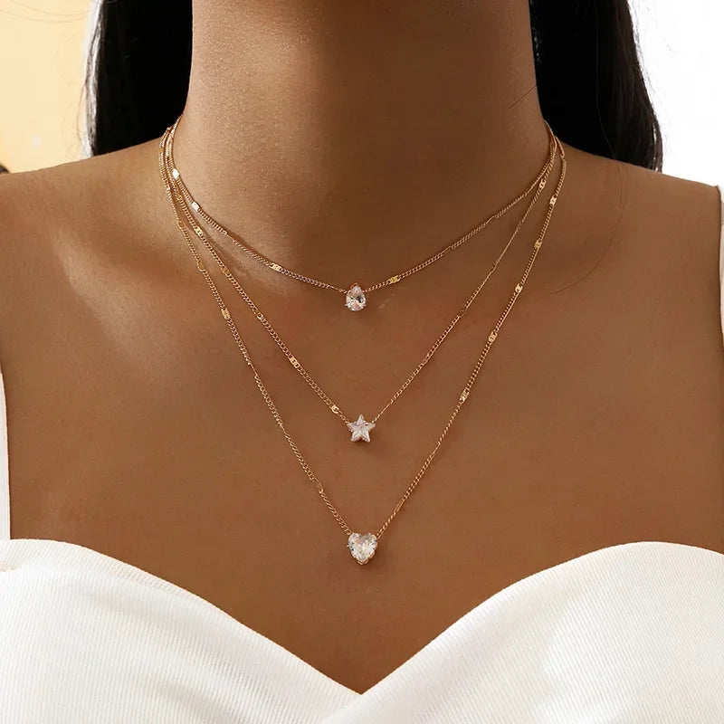 Multi-layer Necklace with a Simple Crystal Water Drop