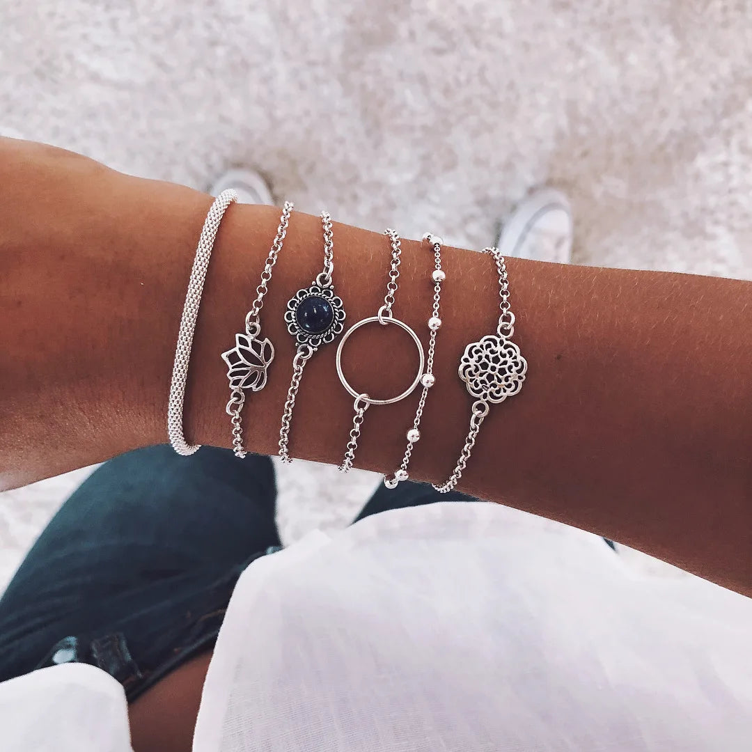 Geometric Link Chain Bracelet Set For Women Rhinestones Gold Color Leaves Heart Pendant Open Cuff Bangle Jewelry