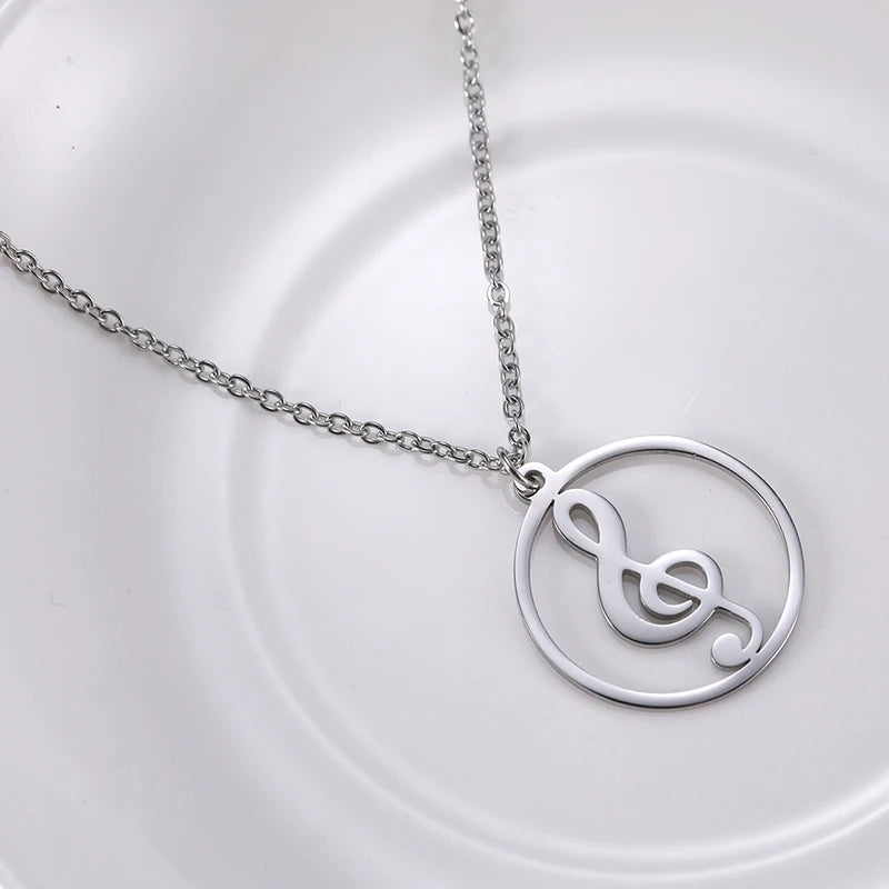 Music Note Pendant Necklace Stainless Steel