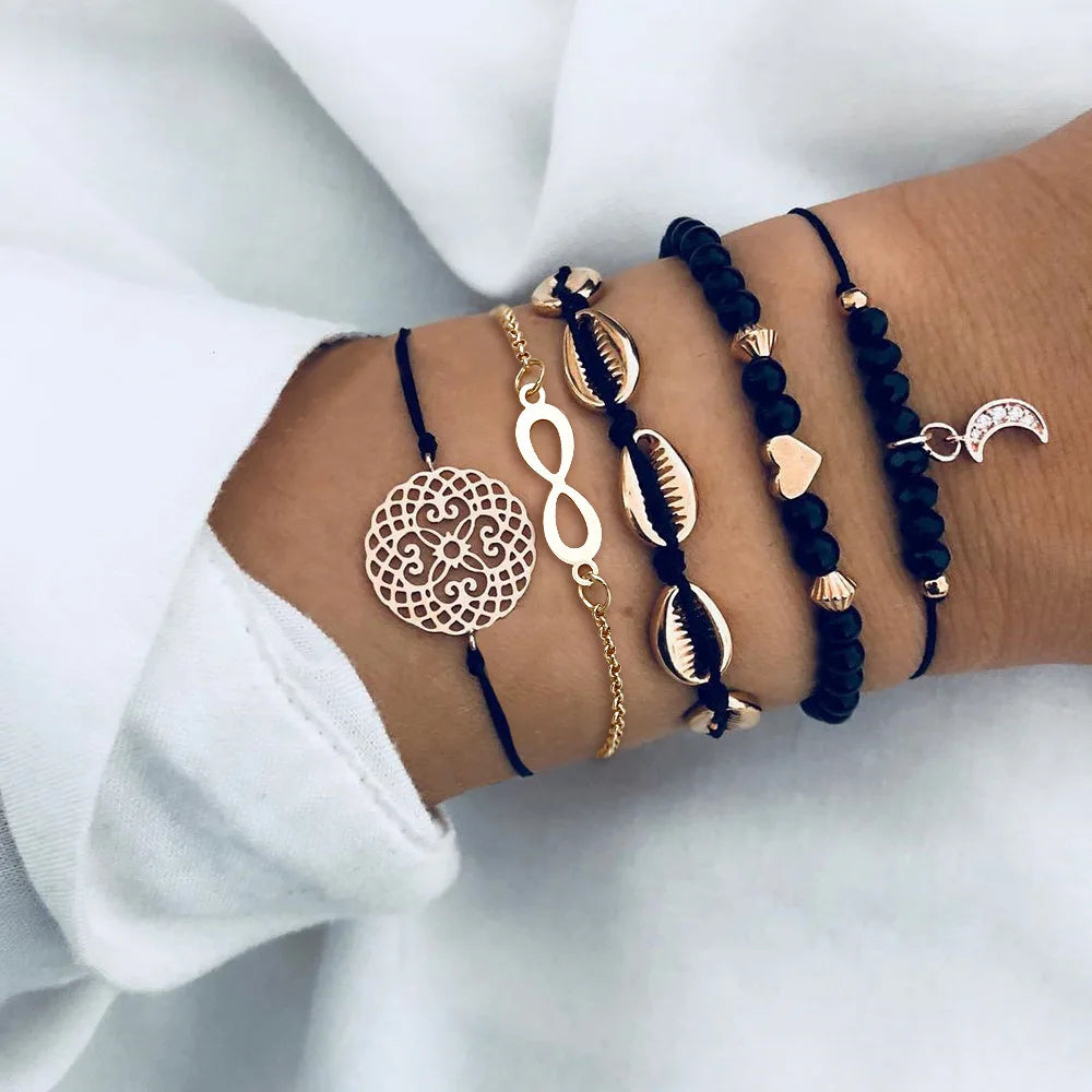 Geometric Link Chain Bracelet Set For Women Rhinestones Gold Color Leaves Heart Pendant Open Cuff Bangle Jewelry