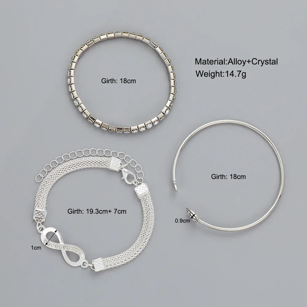 3Pcs Women Heart Bracelet Set. Fashion Crystal Tennis Chain Bangle