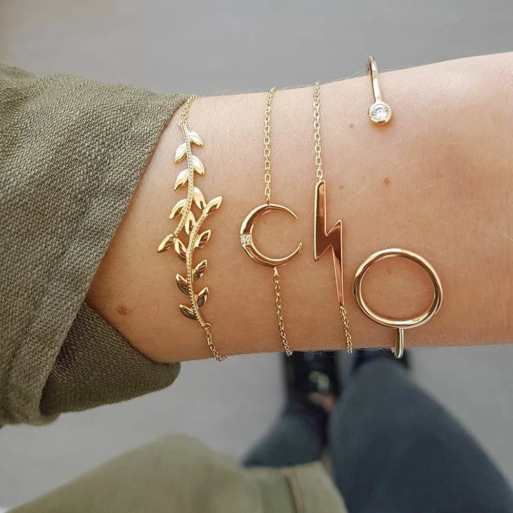 Geometric Link Chain Bracelet Set For Women Rhinestones Gold Color Leaves Heart Pendant Open Cuff Bangle Jewelry