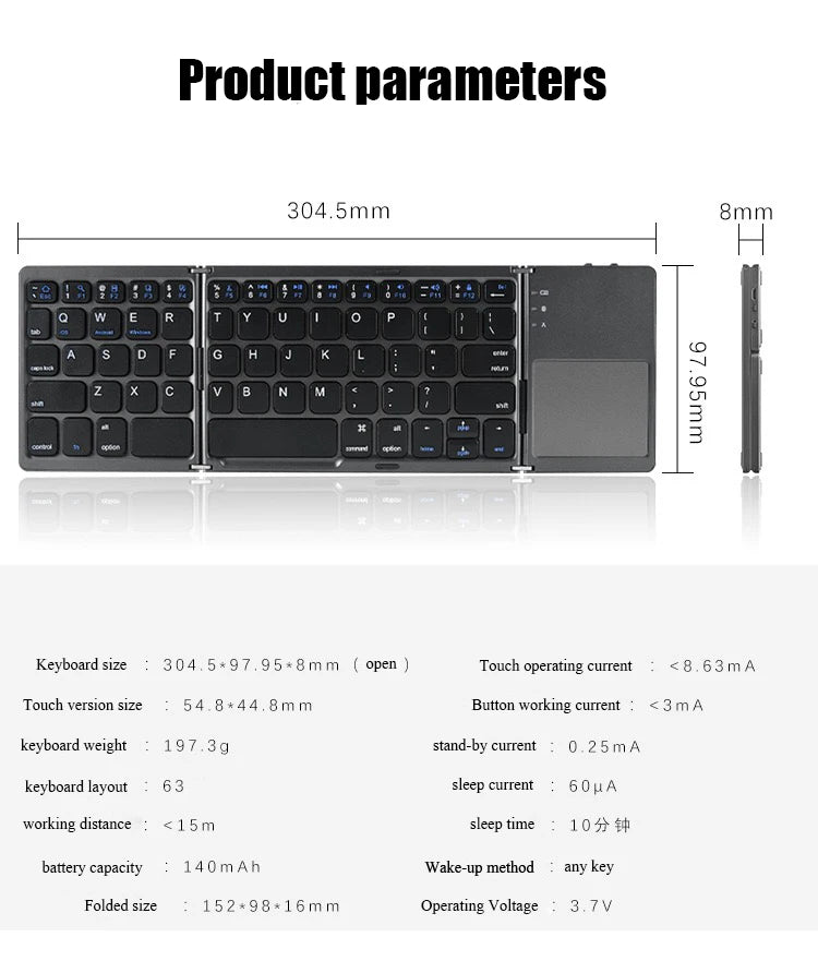 Folding Bluetooth Keyboard with Touchpad for IOS, Android, Windows Office