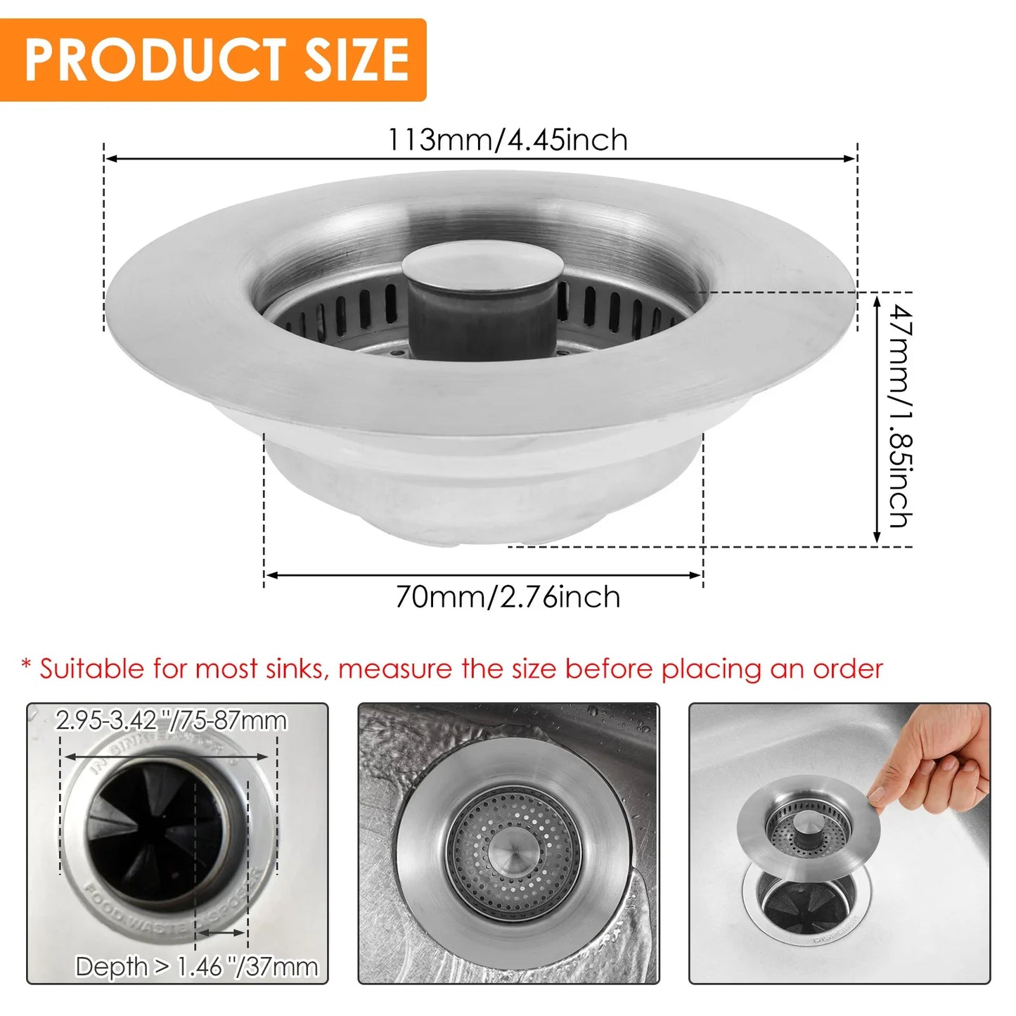 3 In 1 Kitchen Sink Drain Strainer Stainless-Steel Pop-Up Sink Stopper, Anti Clogging