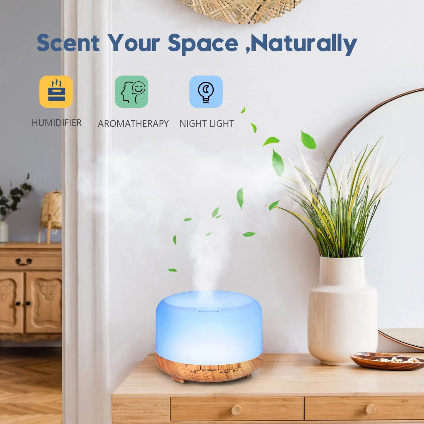 500ML Aroma Diffuser (Oils Optional), 5V 2A Essential Oil Aromatherapy Diffuser Humidifier with Remote Control