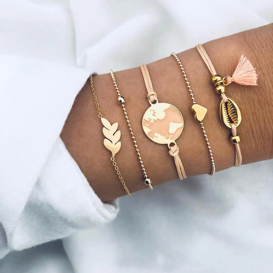 Geometric Link Chain Bracelet Set For Women Rhinestones Gold Color Leaves Heart Pendant Open Cuff Bangle Jewelry