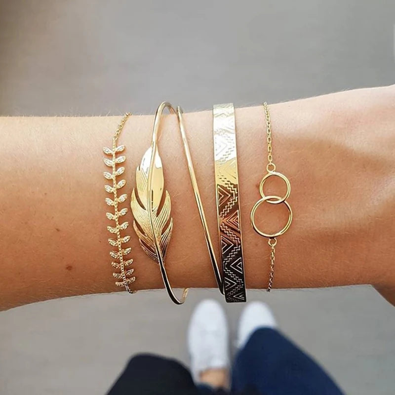 Geometric Link Chain Bracelet Set For Women Rhinestones Gold Color Leaves Heart Pendant Open Cuff Bangle Jewelry