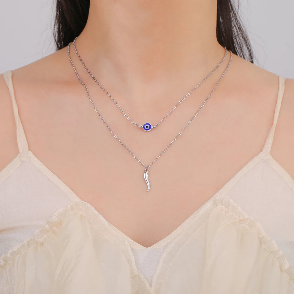 Italian Horn and Blue Evil Eye Charm Double Layer Necklace