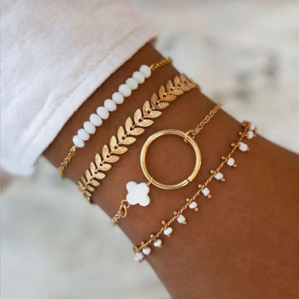 Geometric Link Chain Bracelet Set For Women Rhinestones Gold Color Leaves Heart Pendant Open Cuff Bangle Jewelry