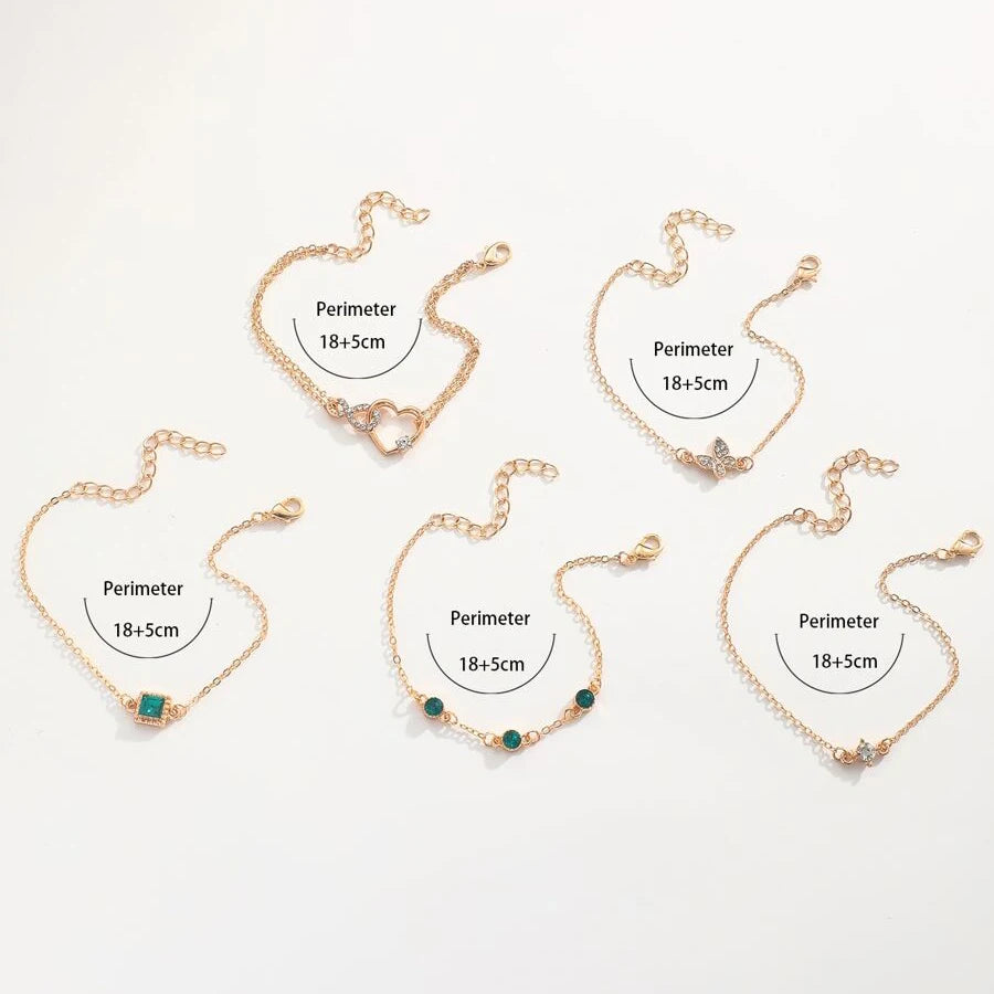 5 PCS Set Hallow Out Heart Green Crystal Stone Bracelet Set