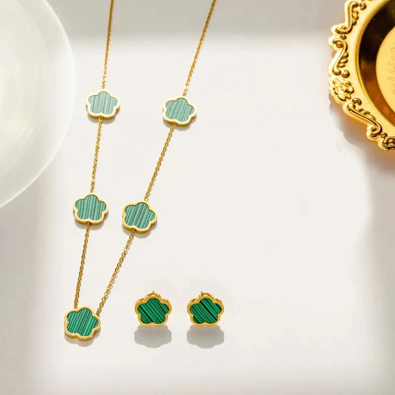 Lucky Clover 18K Gold Plated Clover Necklace Bracelet Earring Set