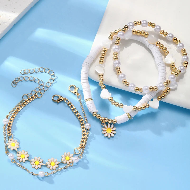 8pcs Daisy Flower Pendant Bracelet Set for Women Bohemian Beaded Enamel Star Heart Pearl Bangles