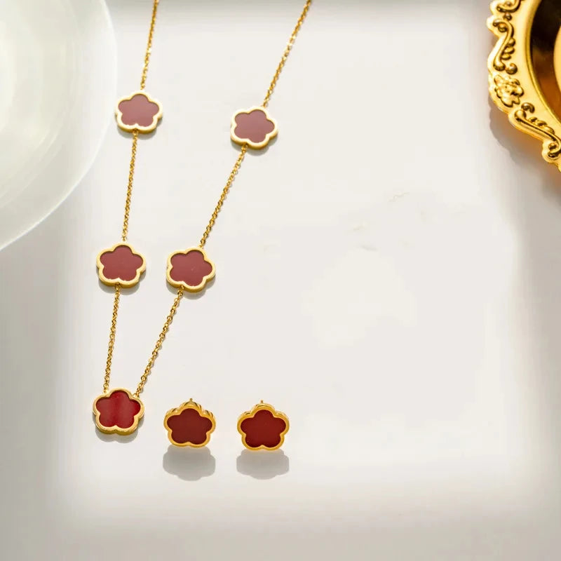Lucky Clover 18K Gold Plated Clover Necklace Bracelet Earring Set