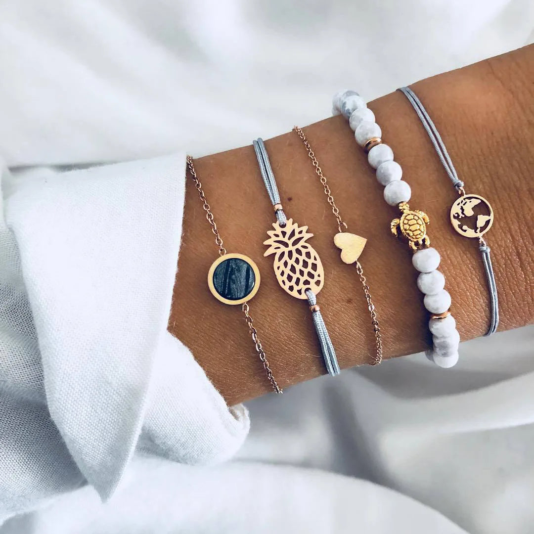 Geometric Link Chain Bracelet Set For Women Rhinestones Gold Color Leaves Heart Pendant Open Cuff Bangle Jewelry