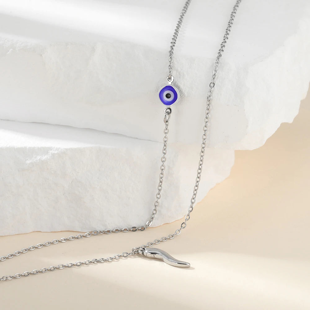 Italian Horn and Blue Evil Eye Charm Double Layer Necklace