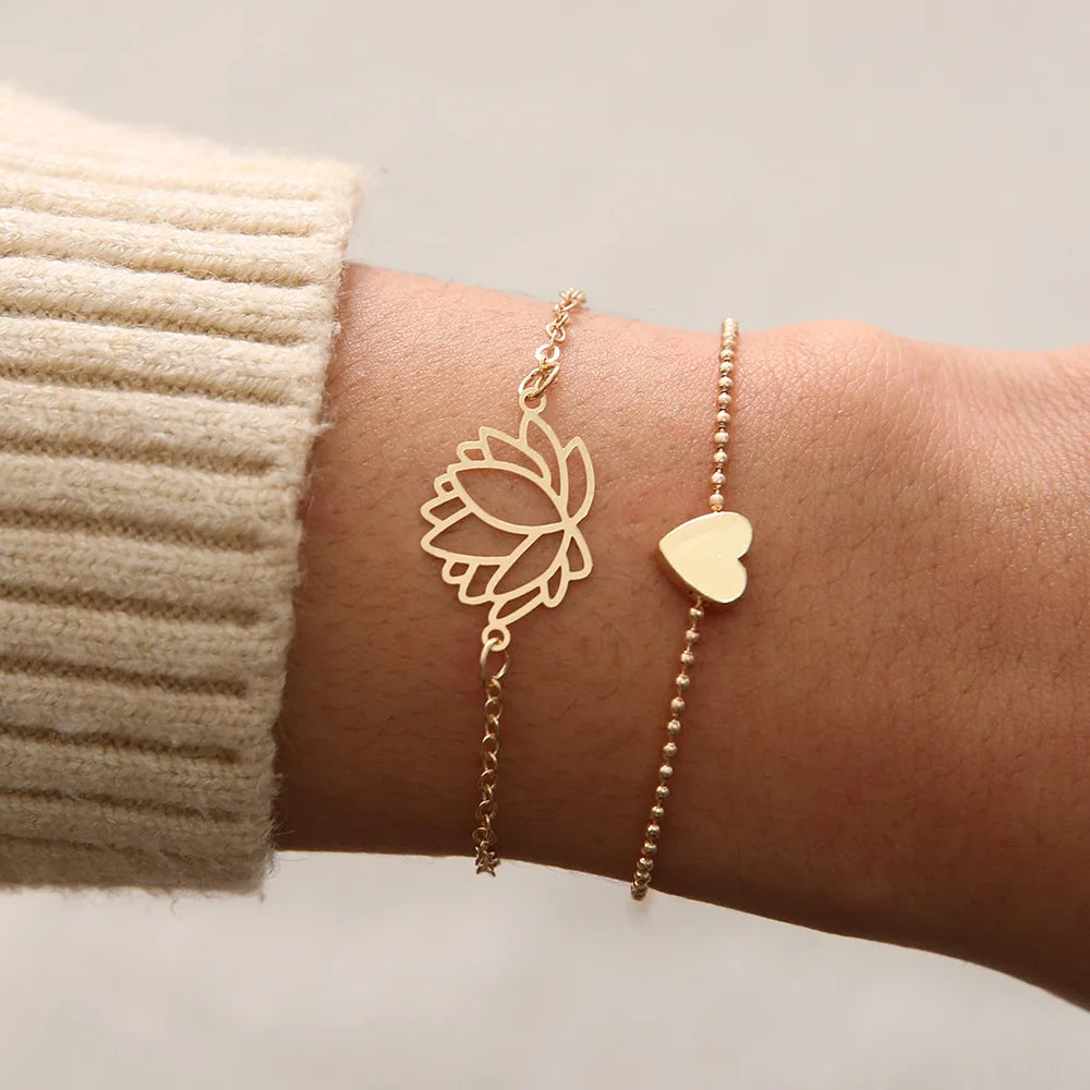 Geometric Link Chain Bracelet Set For Women Rhinestones Gold Color Leaves Heart Pendant Open Cuff Bangle Jewelry