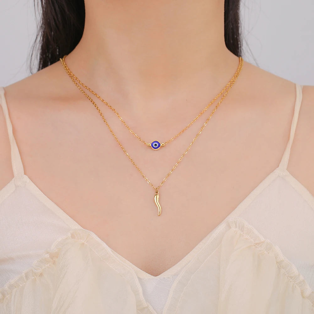 Italian Horn and Blue Evil Eye Charm Double Layer Necklace