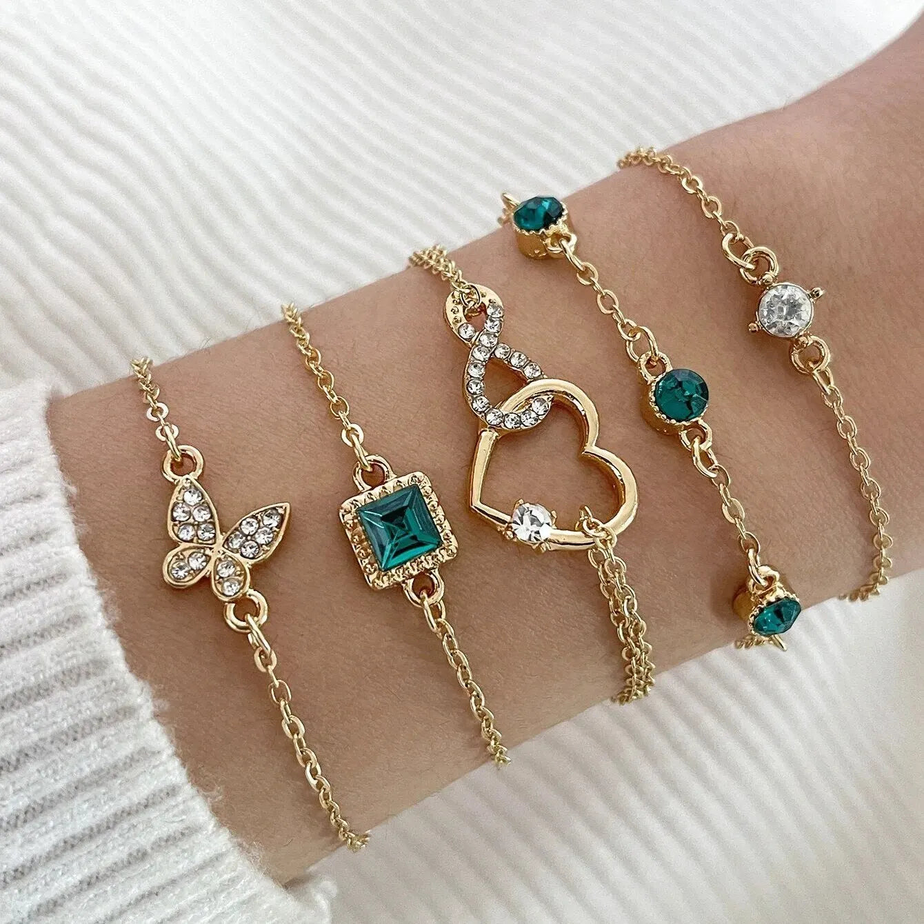 5 PCS Set Hallow Out Heart Green Crystal Stone Bracelet Set