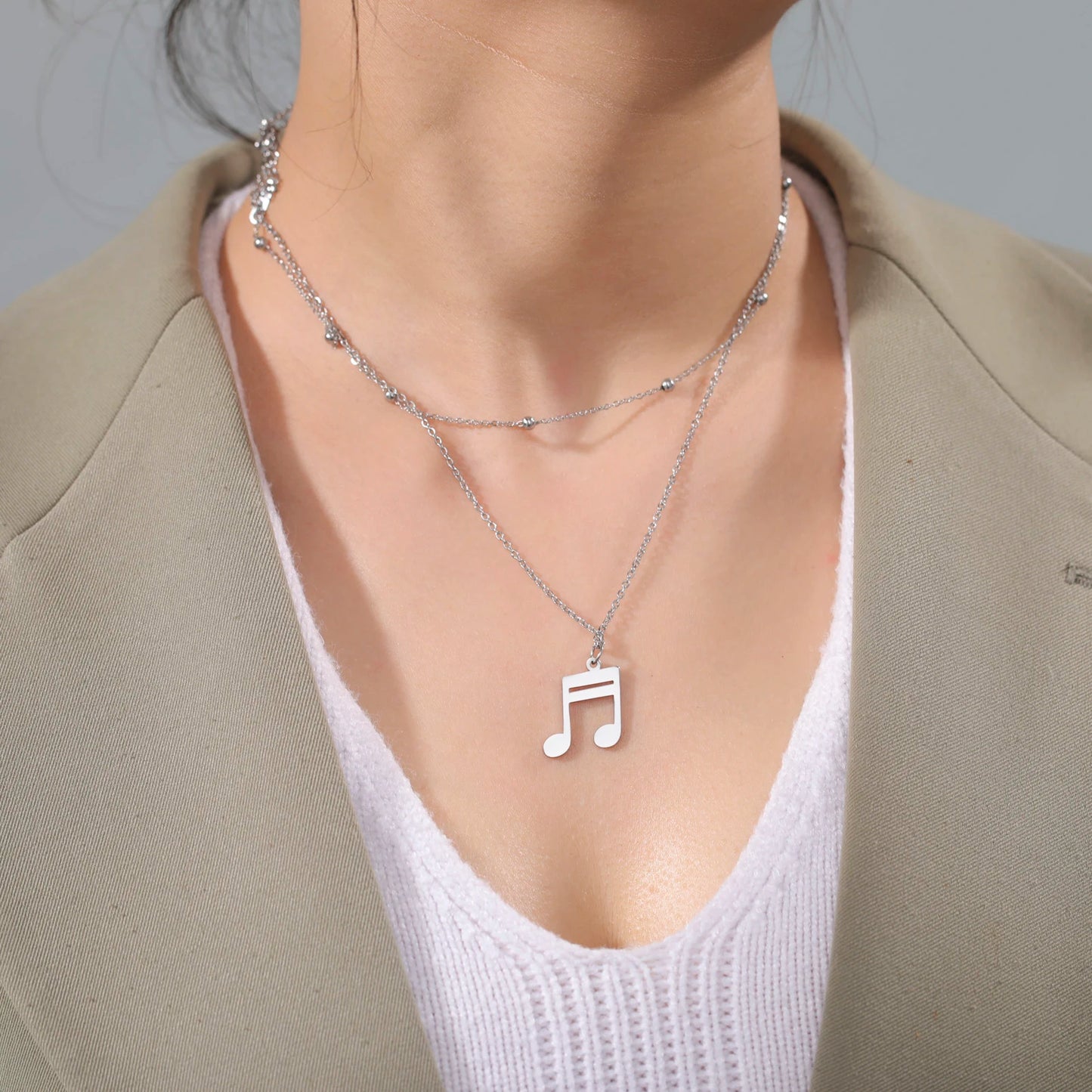 Music Note Pendant Necklace Stainless Steel