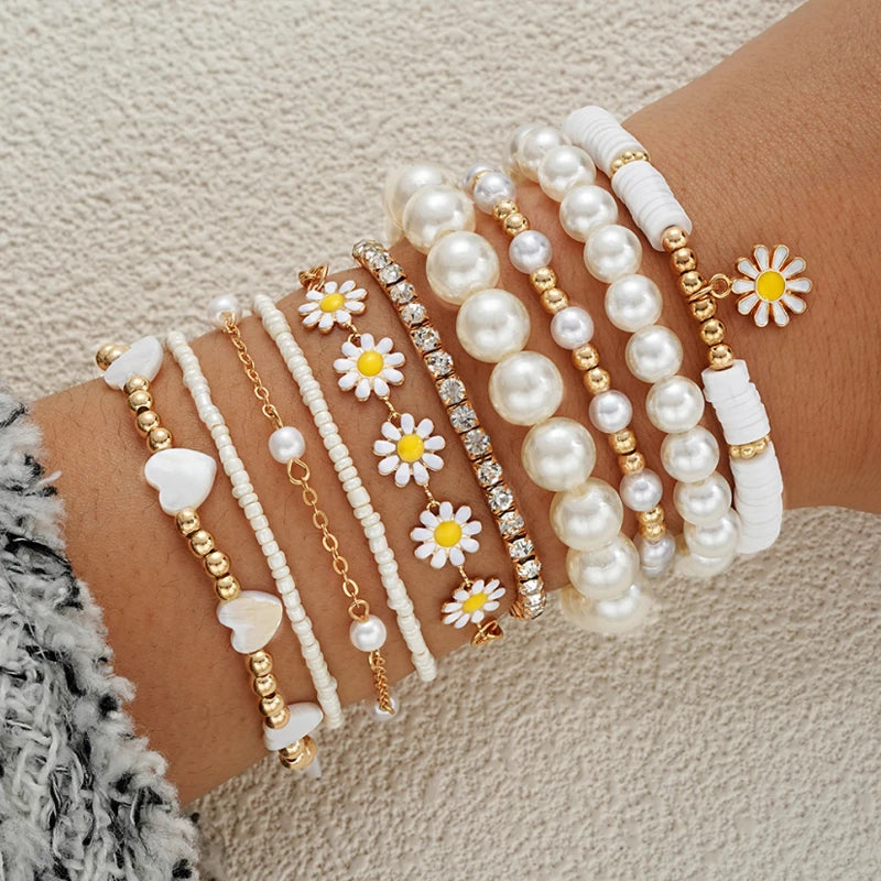 8pcs Daisy Flower Pendant Bracelet Set for Women Bohemian Beaded Enamel Star Heart Pearl Bangles