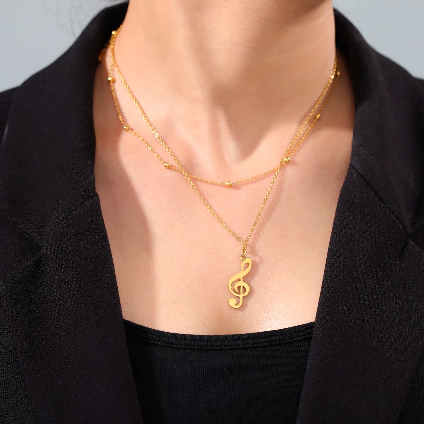 Music Note Pendant Necklace Stainless Steel