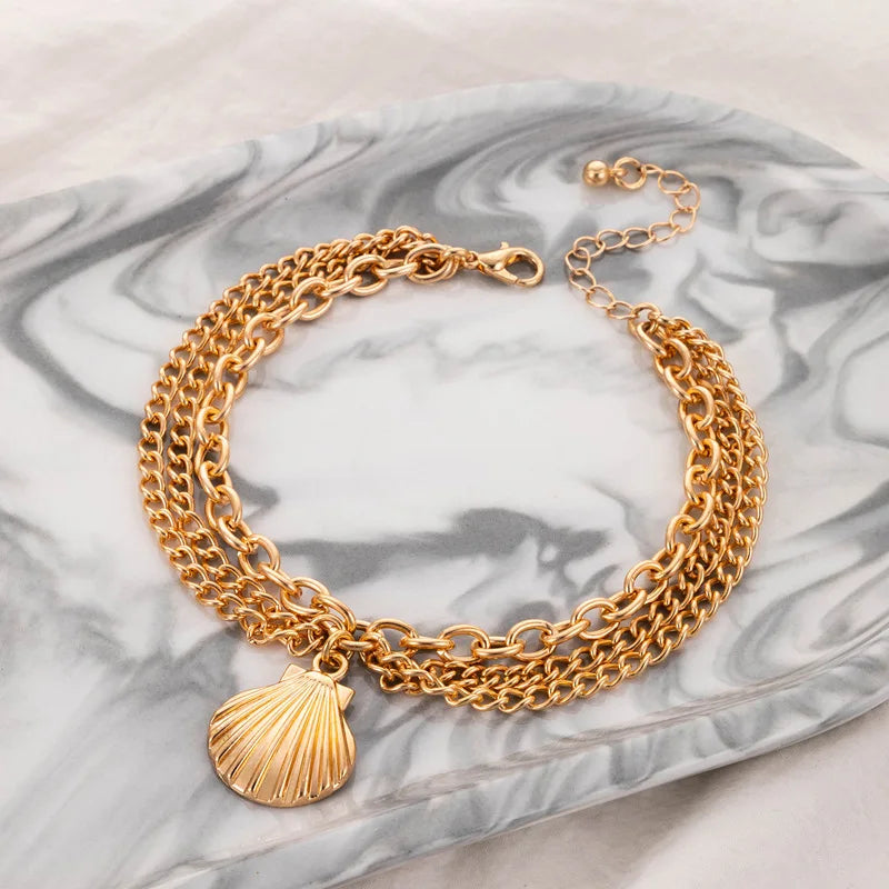 Sexy Multi-layer Anklet with a Starfish Heart Shell or snake