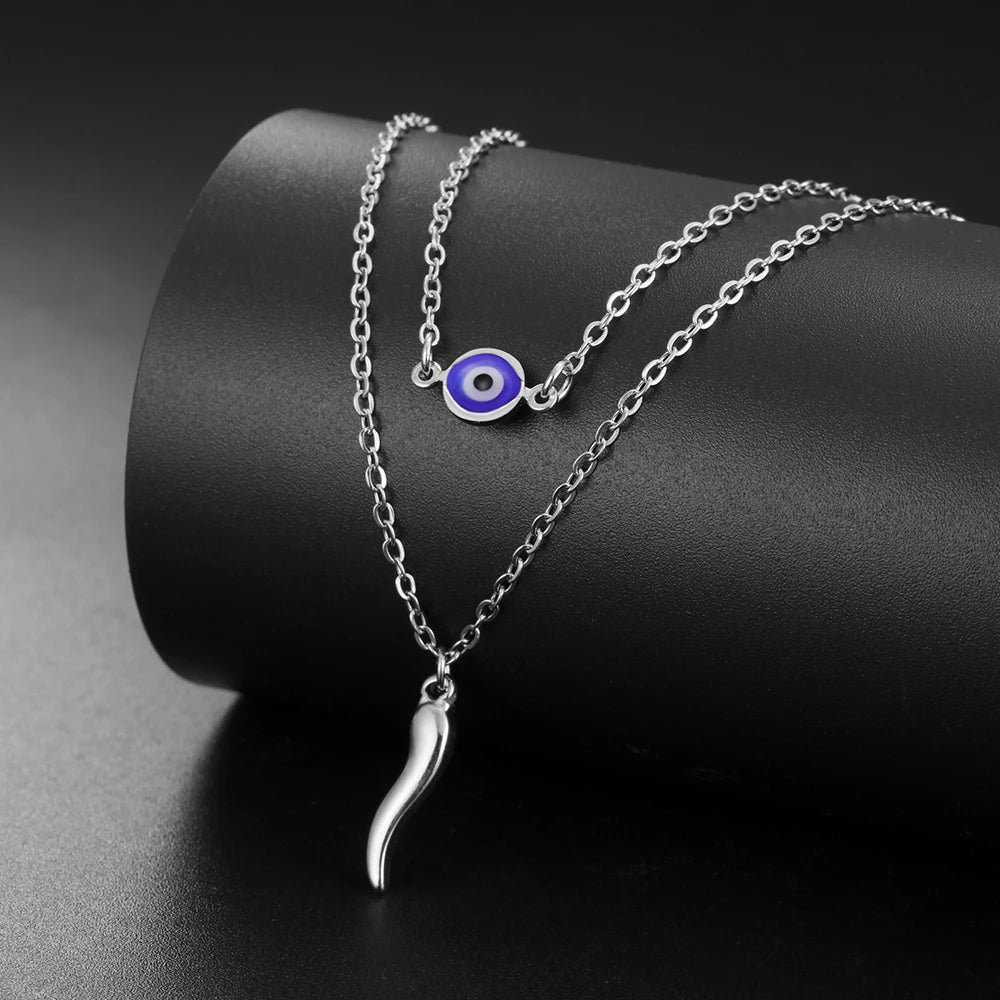 Italian Horn and Blue Evil Eye Charm Double Layer Necklace
