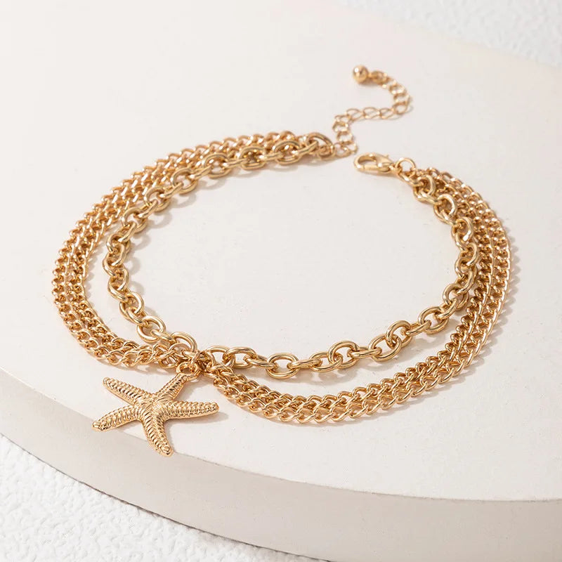 Sexy Multi-layer Anklet with a Starfish Heart Shell or snake